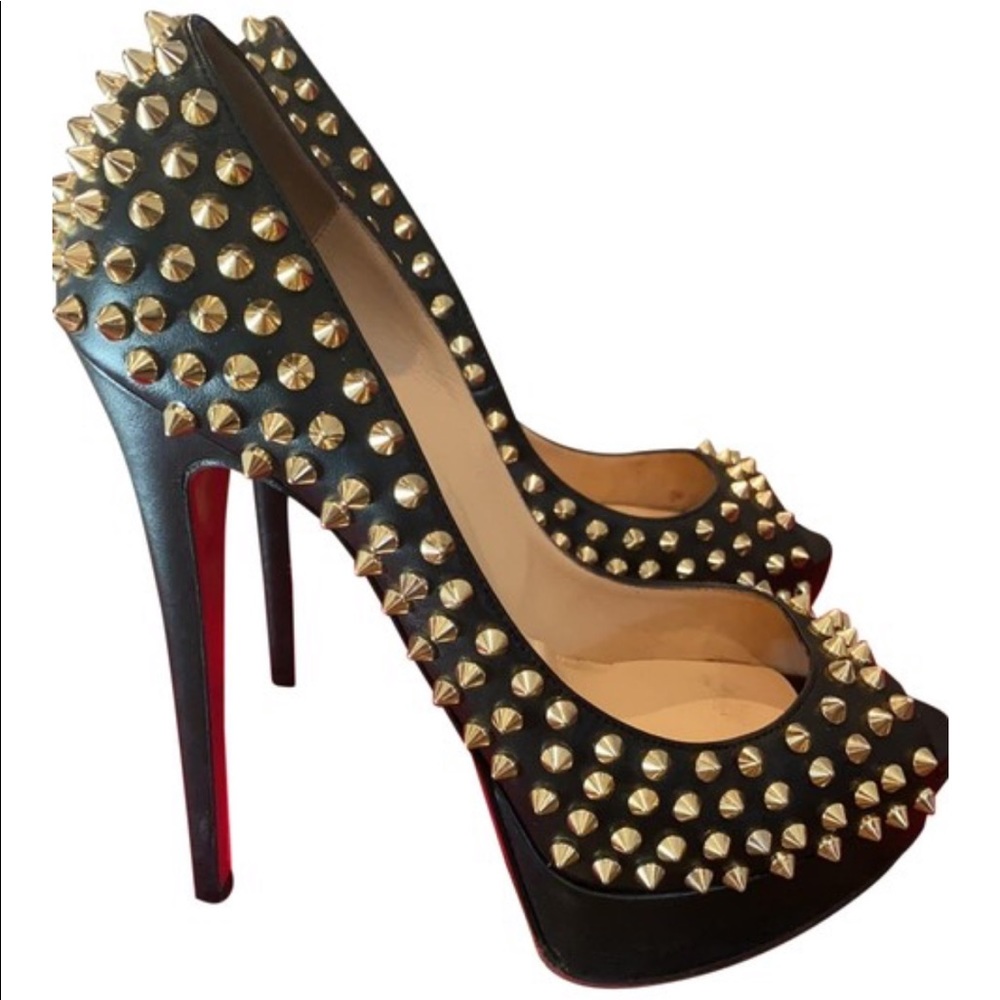 Louboutin Lady Peep 150 Blk Nappa Gold Spikes